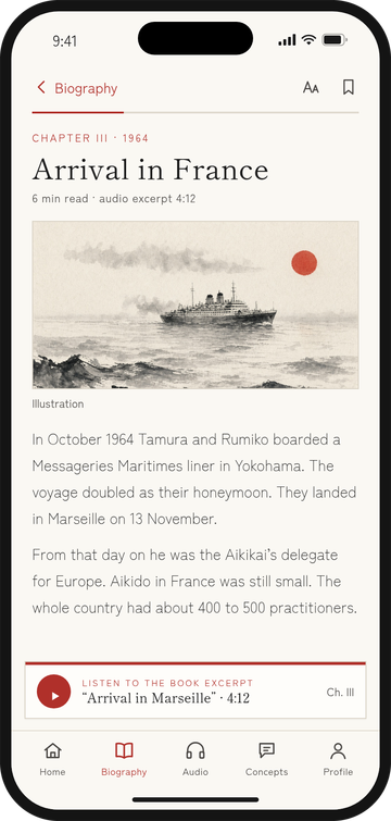 Design mockup of a Biography chapter screen: chapter III, Arrival in France, with an ink-wash illustration of a liner at sea, two short paragraphs and a bar to play a book excerpt.