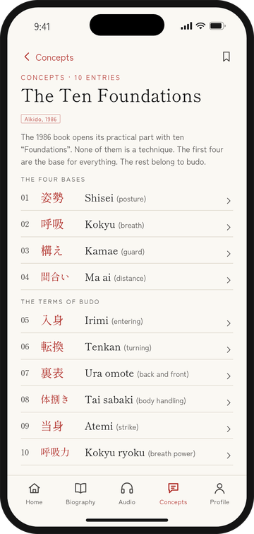Design mockup of the Concepts screen for the ten Foundations: each term with its kanji, its reading and a short gloss.