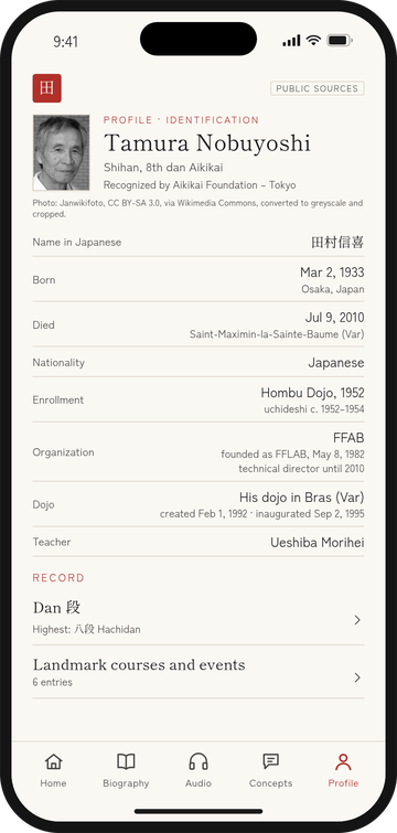 Design mockup of the Profile screen with Tamura Shihan’s record from public sources: a greyscale portrait of him, his name in Japanese, birth and death, nationality, entry to the Hombu Dojo, the FFAB, his dojo in Bras and his teacher, with links to his Dan record and landmark courses.